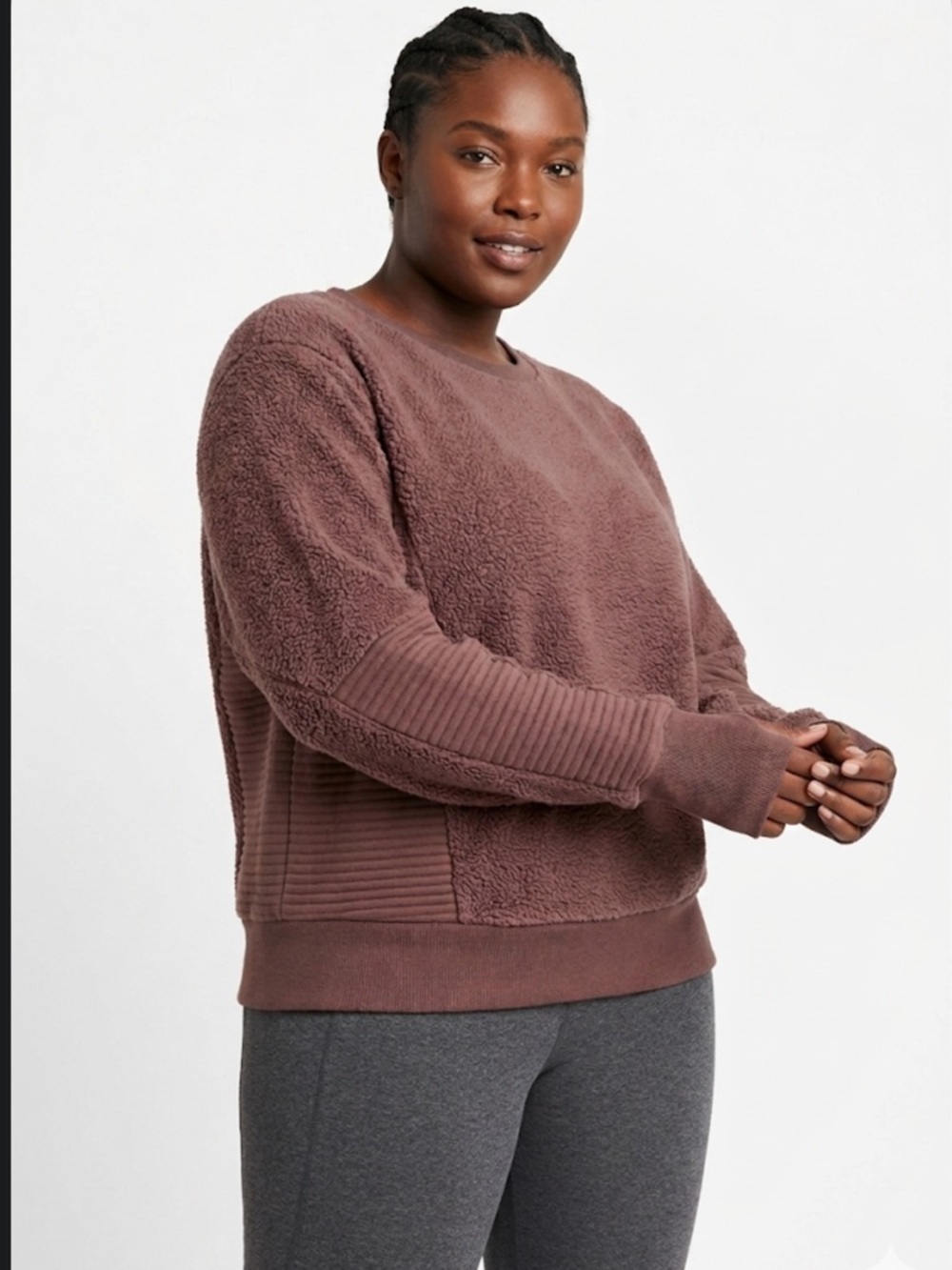 Tahari Sport Sherpa Pullover Sweater 1X Brown Mauve Back Zip Thumbholes Ribbed